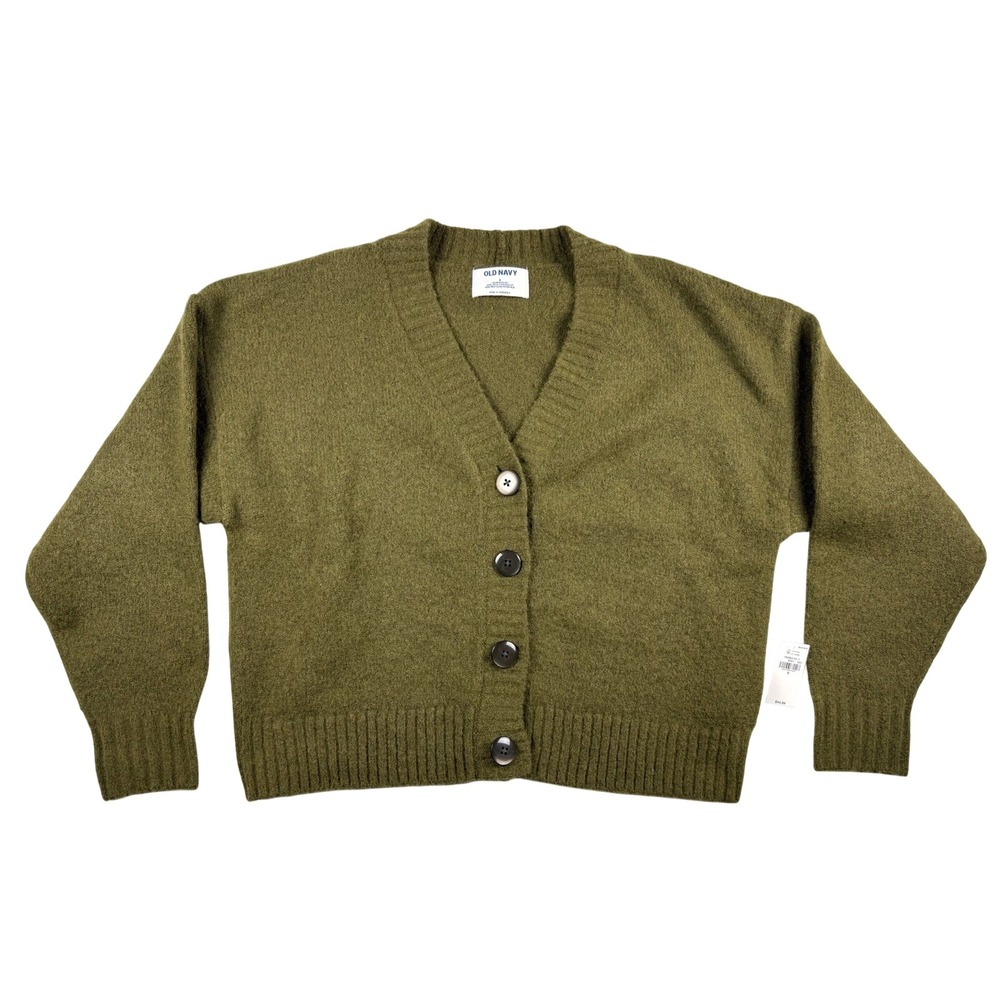 Old Navy Shaker Grandpa Cardigan Sweater S Green Wool Blend Boxy Cottagecore NWT